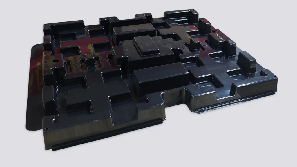 black thermoformed tray for electronic components